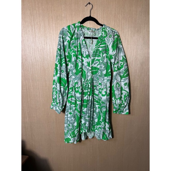 Let me Be Anthropologie Dress Green White Floral Long Sleeve Mini Summer Casual - Picture 1 of 6